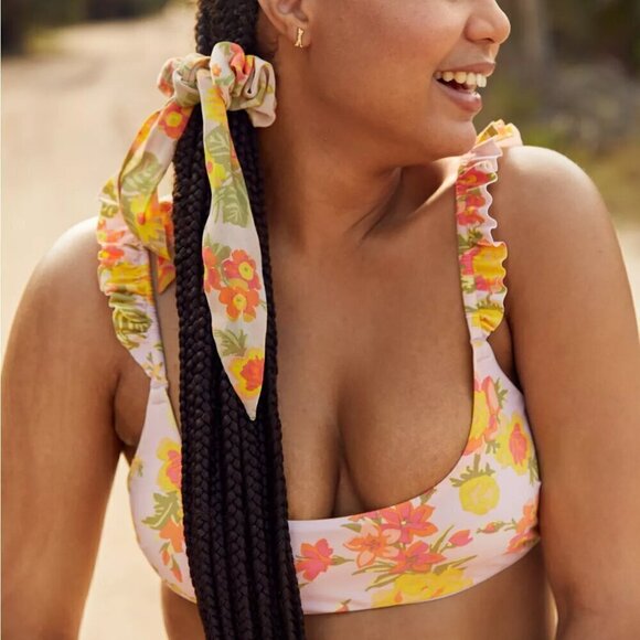 Aerie Printed Pastel Floral Ruffle Scoop Neckline Bikini Top Size XS NWT - Picture 1 of 6